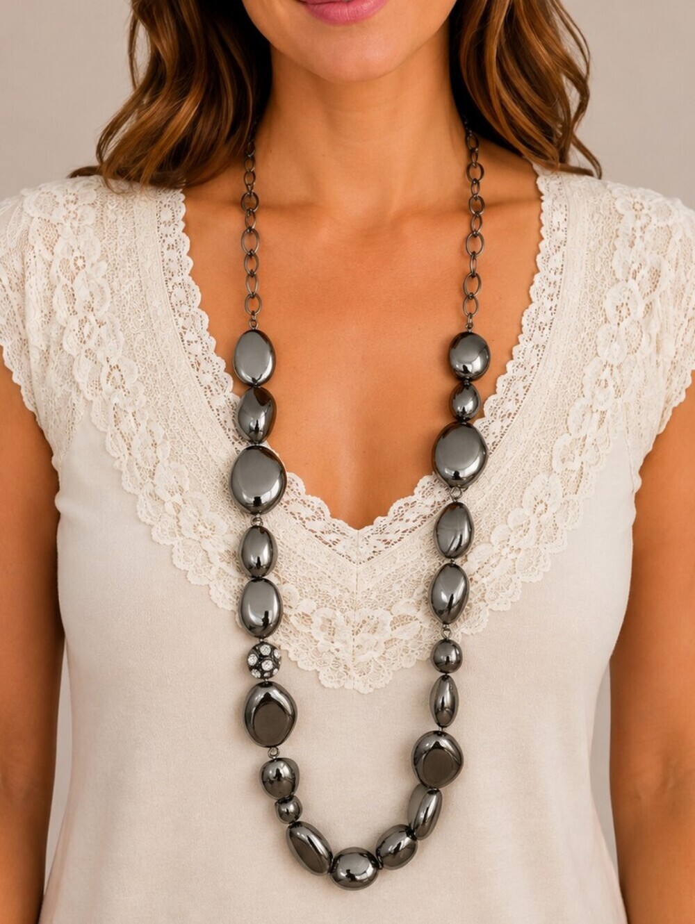 VTG CHICO'S Gunmetal Faux Hematite Beaded Chunky Chain Statement Necklace